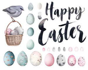 Set of Easter clip-art. Bird, Colorful Eggs and Hand Drawn text "Happy Easter" isolated on white. Watercolor illustrations collection
