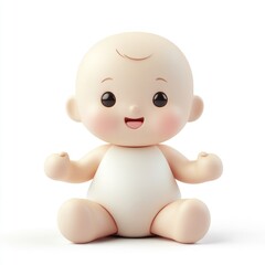 Smiling baby doll, sitting, and playfully posed.