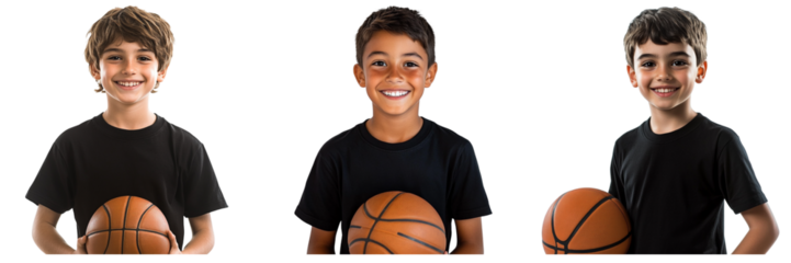 Set of Young boy smiling and holding a basketball in a black t-shirt isolated on a transparent background