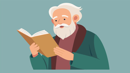 An older gentleman flipping through the pages of a wellworn Bible a look of deep contemplation on his face.. Vector illustration