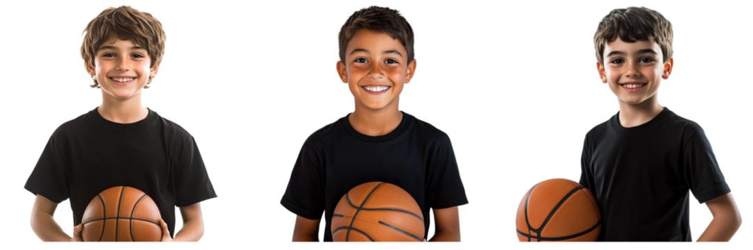 Set of Young boy smiling and holding a basketball in a black t-shirt isolated on a transparent background - Powered by Adobe