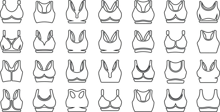 Vector illustration of various types of bras and sportswear with different styles and design variations in a simple, modern outline