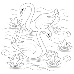  Graceful swans floating  water plant coloring page