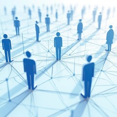 Human icons are connected by lines and nodes in a minimalist blue and white design, visually representing digital social networks and human connection.

