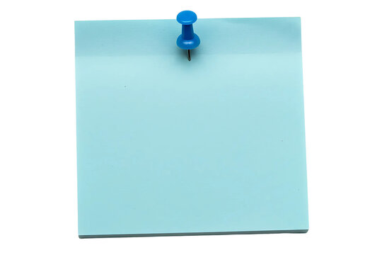 Blue blank sticky post it note with red pushpin isolated on transparent background