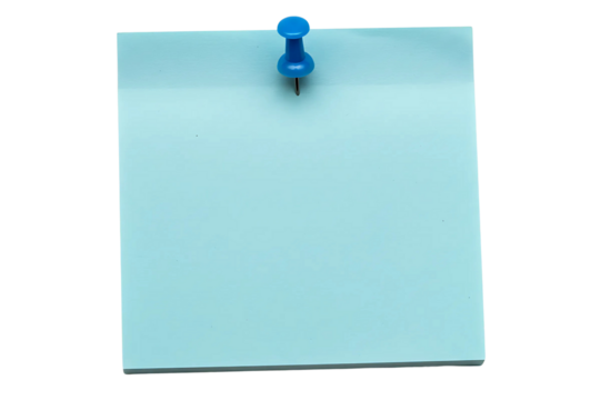 Blue blank sticky post it note with red pushpin isolated on transparent background