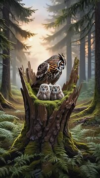 A majestic owl perches protectively above two owlets nestled in a moss-covered tree stump amid a tranquil, sunlit forest setting with ferns below.