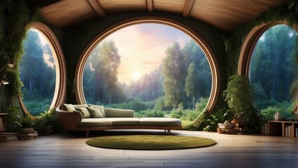 A cozy, circular wooden room with large windows overlooking a lush forest.