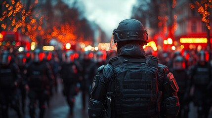 Fototapeta premium protester facing off with riot police highlighting tension and resistance in social struggles 