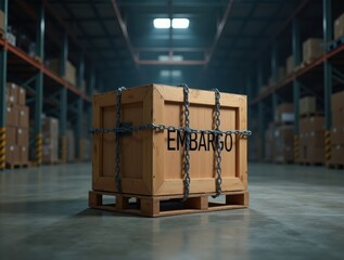 A wooden crate labeled embargo, sealed with heavy chains in an empty warehouse, visualizing restricted goods and halted trade due to embargo.