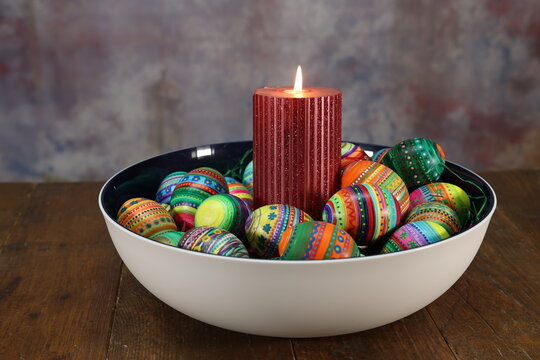 Dyed Easter eggs painted by children