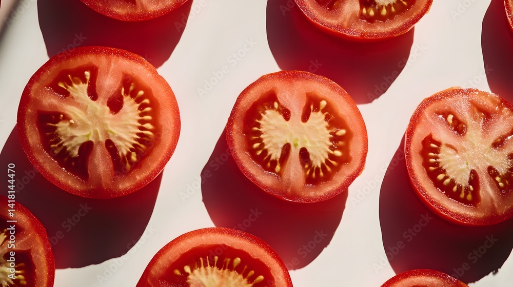 Poster close-up shot of multiple red tomato slices arranged on a white background, illuminated by sunlight 