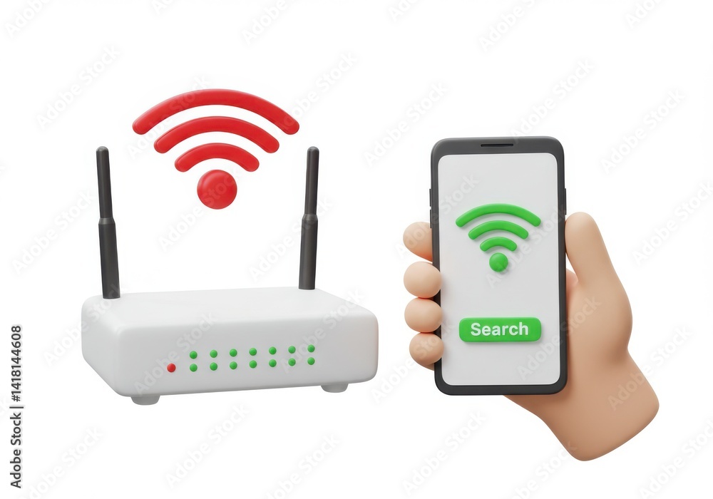Aufkleber white router with red signal and hand holding phone with signal isolated on white background