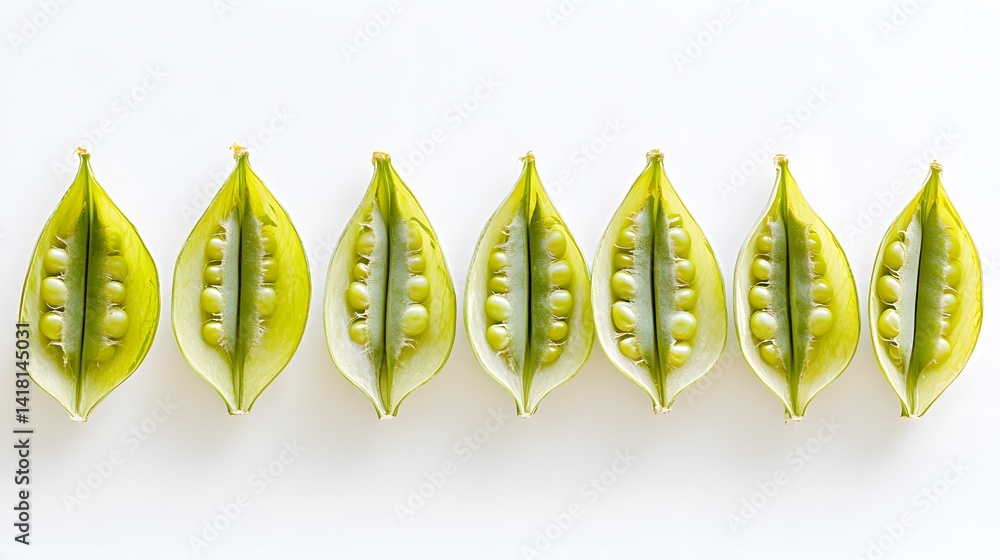 Aufkleber six open pea pods arranged in a row against a white background. each pod reveals vibrant green peas,