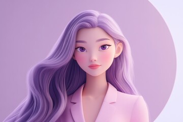Obraz premium A stylized 3D rendering of a young woman with long, flowing purple hair and a pink blazer.