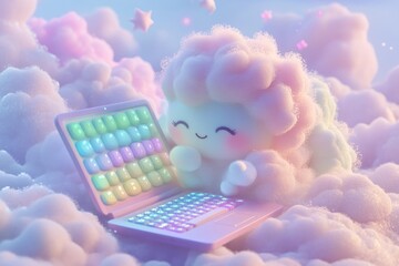 Adorable fluffy cloud creature happily using a pastel-colored laptop in a dreamy sky.