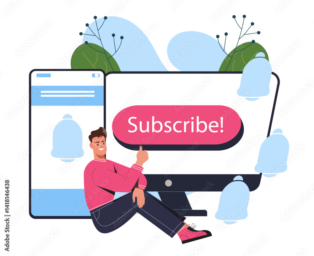Poster man promoting subscribe button online. vector illustration