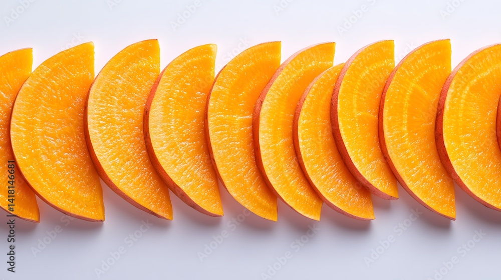 Poster a vibrant row of sliced butternut squash, arranged in a captivating pattern against a clean white ba