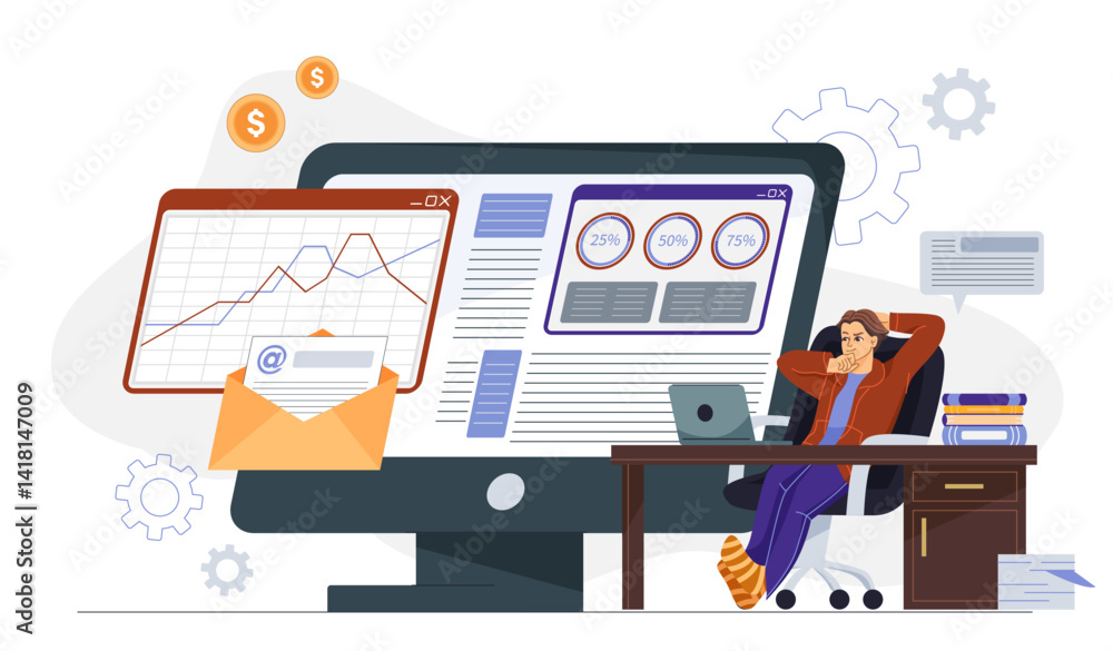 Aufkleber man relaxing at desk with analytics screen. vector illustration