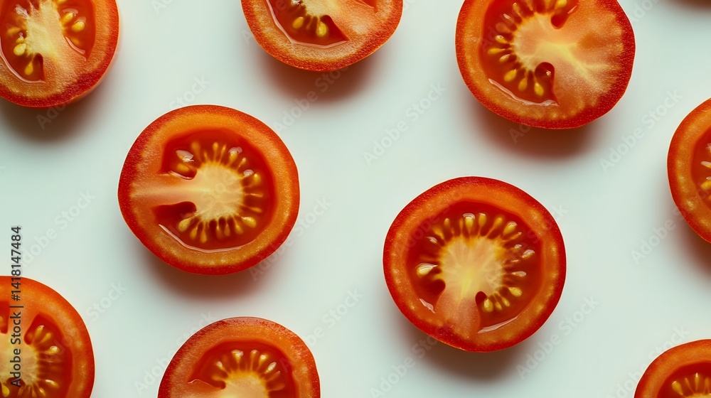 Poster close-up view of several red tomato slices arranged on a white background. the vibrant color and jui