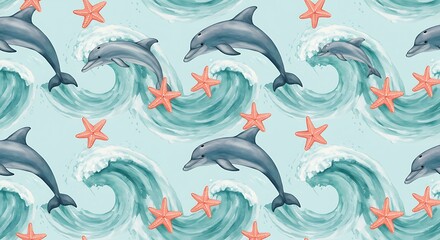 Seamless Watercolor Dolphin and Starfish Pattern on Light Blue