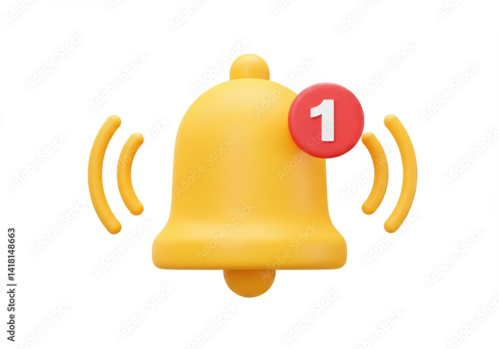 Aufkleber a yellow bell with a red notification icon showing the number one isolated on white background
