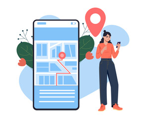 Woman using map navigation app on phone. Vector illustration