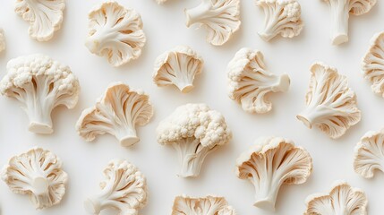 Overhead shot of multiple cauliflower florets arranged in a repeating pattern on a white background. The florets are creamy white and vary in size and shape, creating a visually appealing texture.