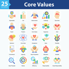 Fototapeta premium Core Values ​​is a collection of icons in sheet format representing Core values, character strengths, and positive qualities that define individual identity.