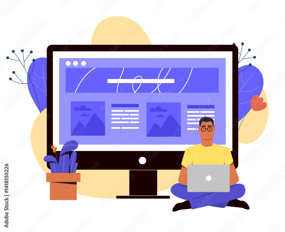 Aufkleber man working on website design project. vector illustration
