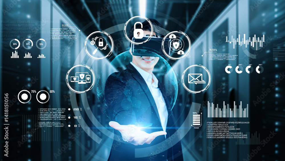 Poster business man holding at security system hologram and standing at data center. skilled project manage