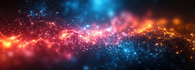 Fototapeta premium Abstract background with glowing particles in blue and orange colors forming a dynamic pattern.