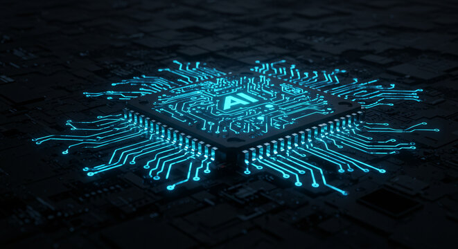 Futuristic Circuit Board with AI Chip and Blue Glow &ndash; Advanced Computing Concept


