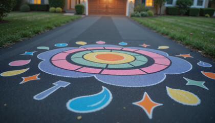 Chalk motifs creating vibrant patterns on driveway, artistic expression