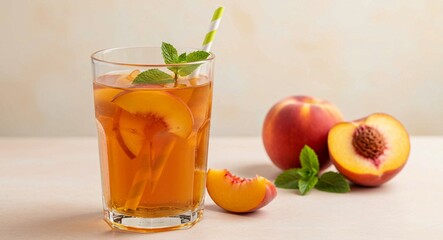 Refreshing Peach Iced Tea in a Tall Glass with Ice Cubes, Peach Slices, and Fresh Mint Sprigs on a Light Brown Table