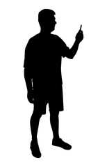 Man taking selfie with smartphone, silhouette of man making photo with mobile phone. Vector illustration.