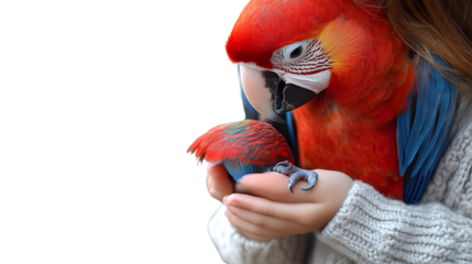 Closeup of a vibrant red and blue parrot resting on a persons hands