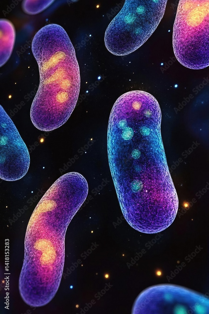 Poster colorful microscopic view of bacteria in a dark space, showcasing vibrant patterns and textures