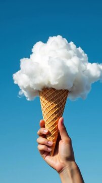 Creative Concept of Hand Holding Ice Cream Cone with Fluffy White Cloud Against Clear Blue Sky in Surreal Summer Scene