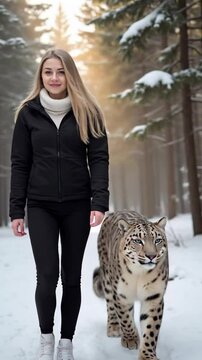 Confident Young Woman Walking Through Snowy Forest Beside Majestic Leopard with Striking Blue Eyes in Winter Landscape