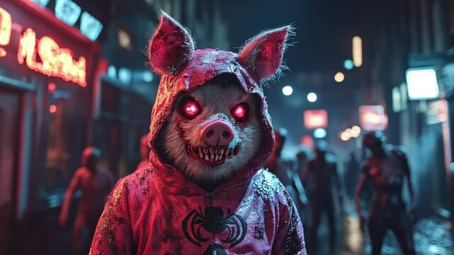 Terrifying Human-Sized Mutant Pig in a Bloodstained Hoodie with Glowing Eyes Roaming a Neon-Lit Alley