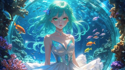 Anime girl in a sparkly dress expressing wonder underwater  