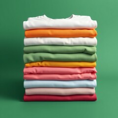 Stack of Colorful T-Shirts Folded on Green Background