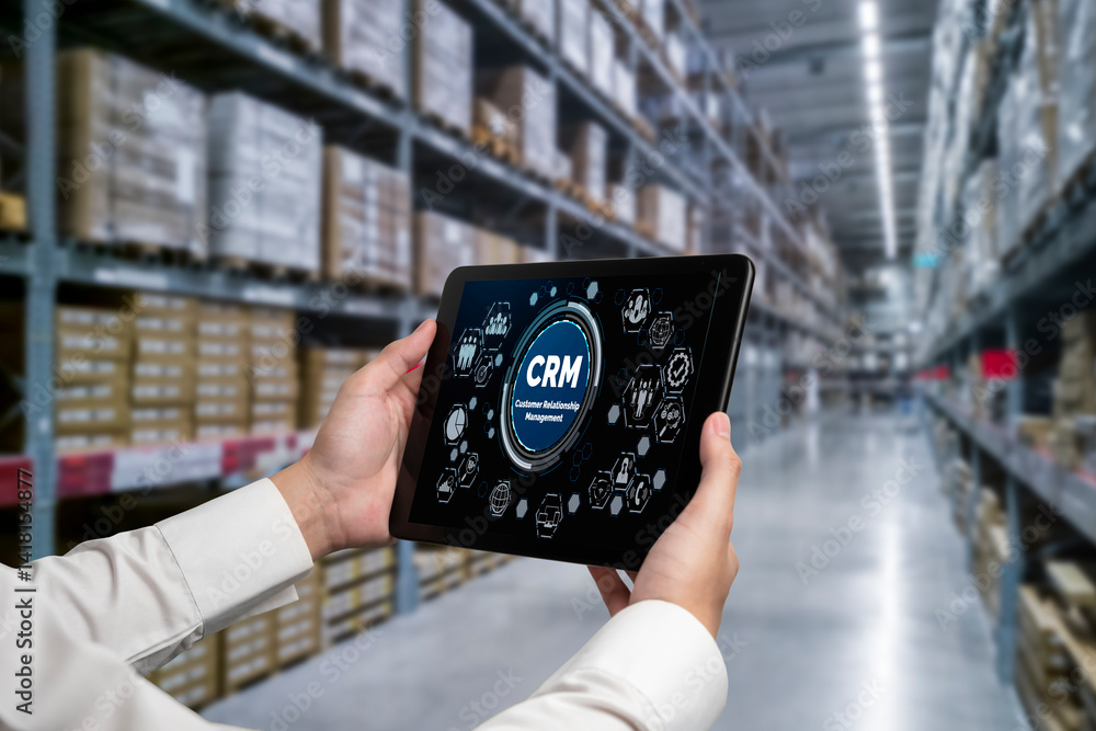 Poster customer relationship management system on modish computer for crm business and enterprise