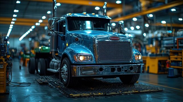 Trucks being serviced in a large industrial facility