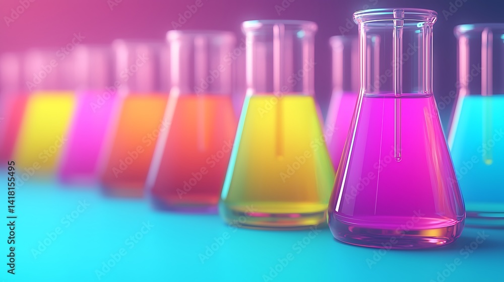 Poster vibrant liquids in conical flasks create colorful abstract gradient, perfect for science backgrounds