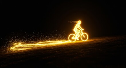 A luminous cyclist silhouette riding a glowing bicycle on a dark path