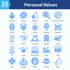 Personal Values ​​is a collection of icons in sheet format representing personal values, character strengths, and positive qualities that define individual identity.