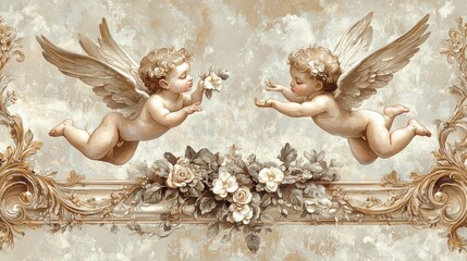 Two cherubic angels exchange a flower amidst a delicate floral and ornate frame