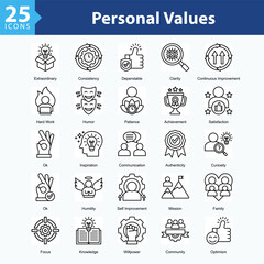 Personal Values ​​is a collection of icons in sheet format representing personal values, character strengths, and positive qualities that define individual identity.